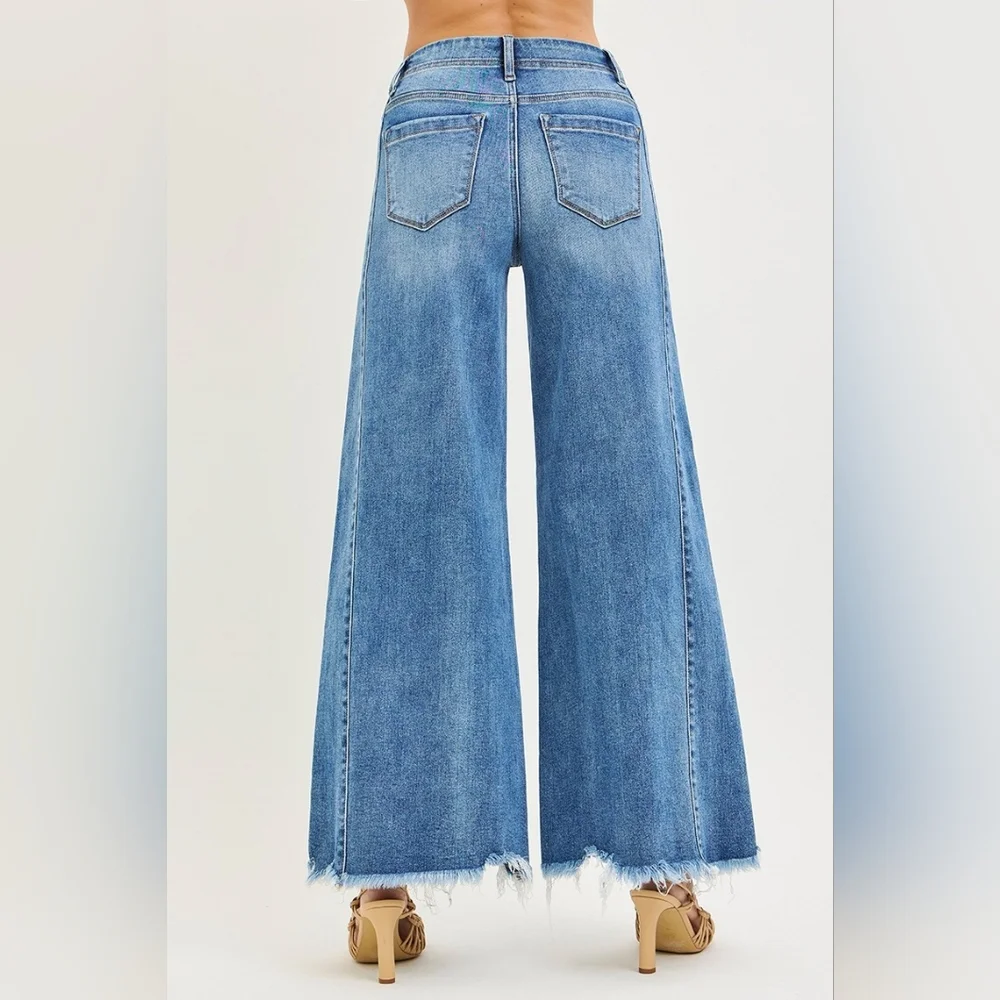 Risen High Rise Slim Fit Ultra Wide Leg Jeans Retro Frayed Raw Hem Denim Pants - Picture 7 of 15